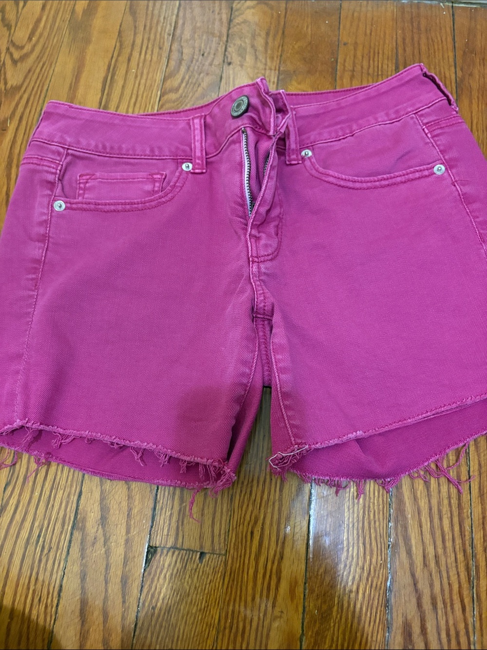 American Eagle Outfitters Hot Pink Frayed-Hem Denim Shorts